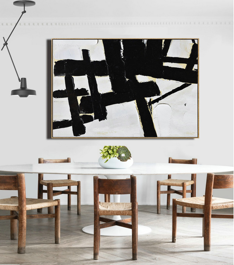 Acrylic Painting On Canvas,Horizontal Palette Knife Minimal Canvas Art Painting Black White Beige - Original Art Acrylic Painting